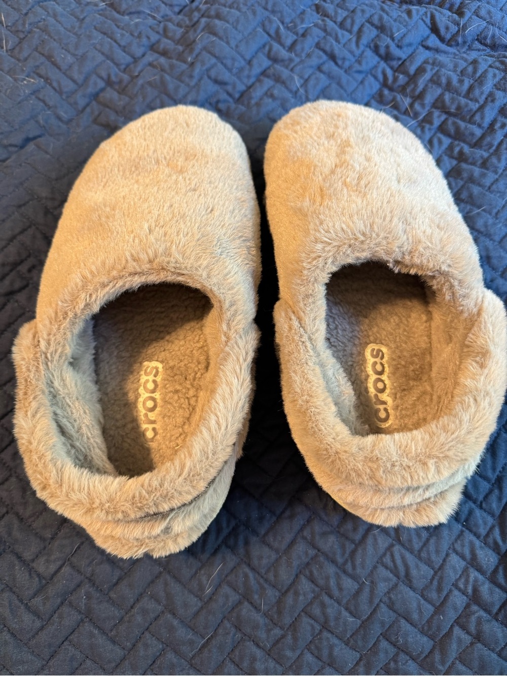 CROCS Kids Fuzzy Slip-On Clog Slippers in Beige